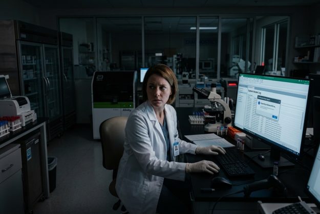 Woman at computer in a dark lab looking suspicious.