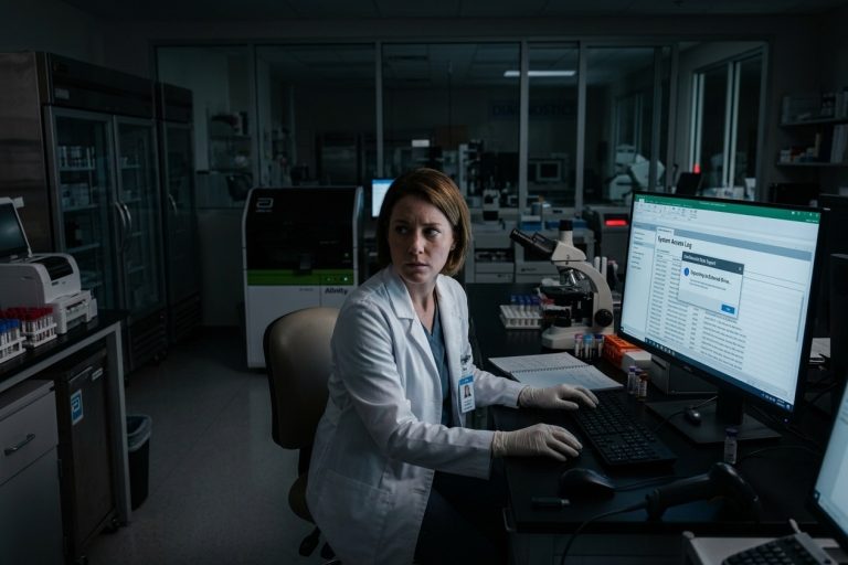 Woman at computer in a dark lab looking suspicious.