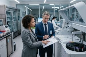 Two people in a medical laboratory discussing the equipment